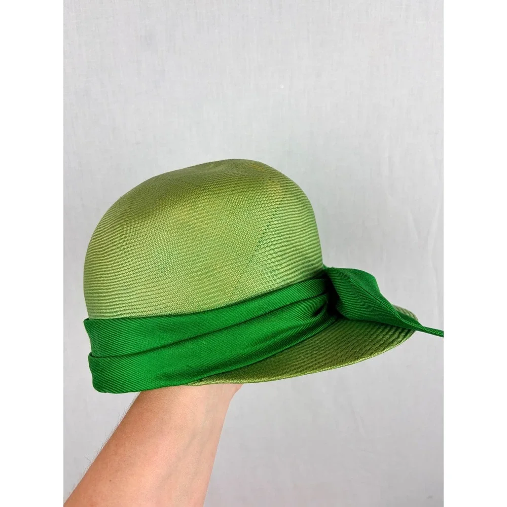 Vintage Jan Leslie Custom Design Green Straw Cloche Hat with Large Bow Accent